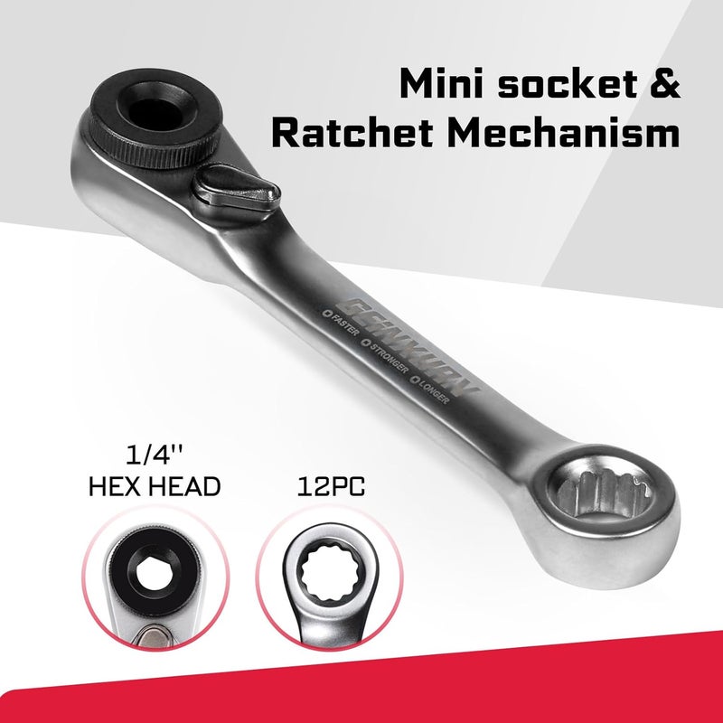 GEINXURN Mini Ratchet Wrench& Bit Holder Set 4 Pcs, 1/4" Drive Ratchet Handle Wrench, 72-T Quick-Release Reversible Socket Wrench, Impact Extension Bit Holder with Case - Image 3